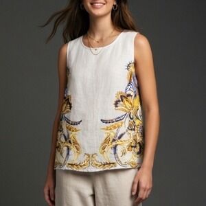 Joie Linen Boxy‎ Tank Top Button Back Floral Paisley Sleeveless L Coastal Boho